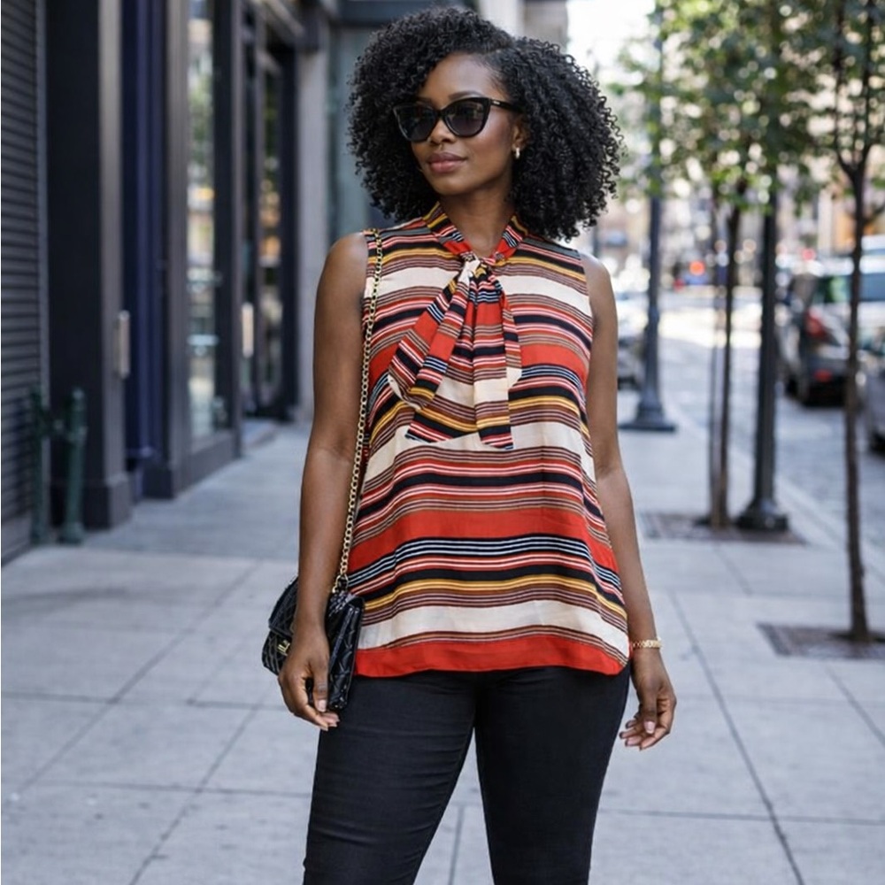 Loft Blouse Top Tie Neck Striped Top Women’s L Shell Office